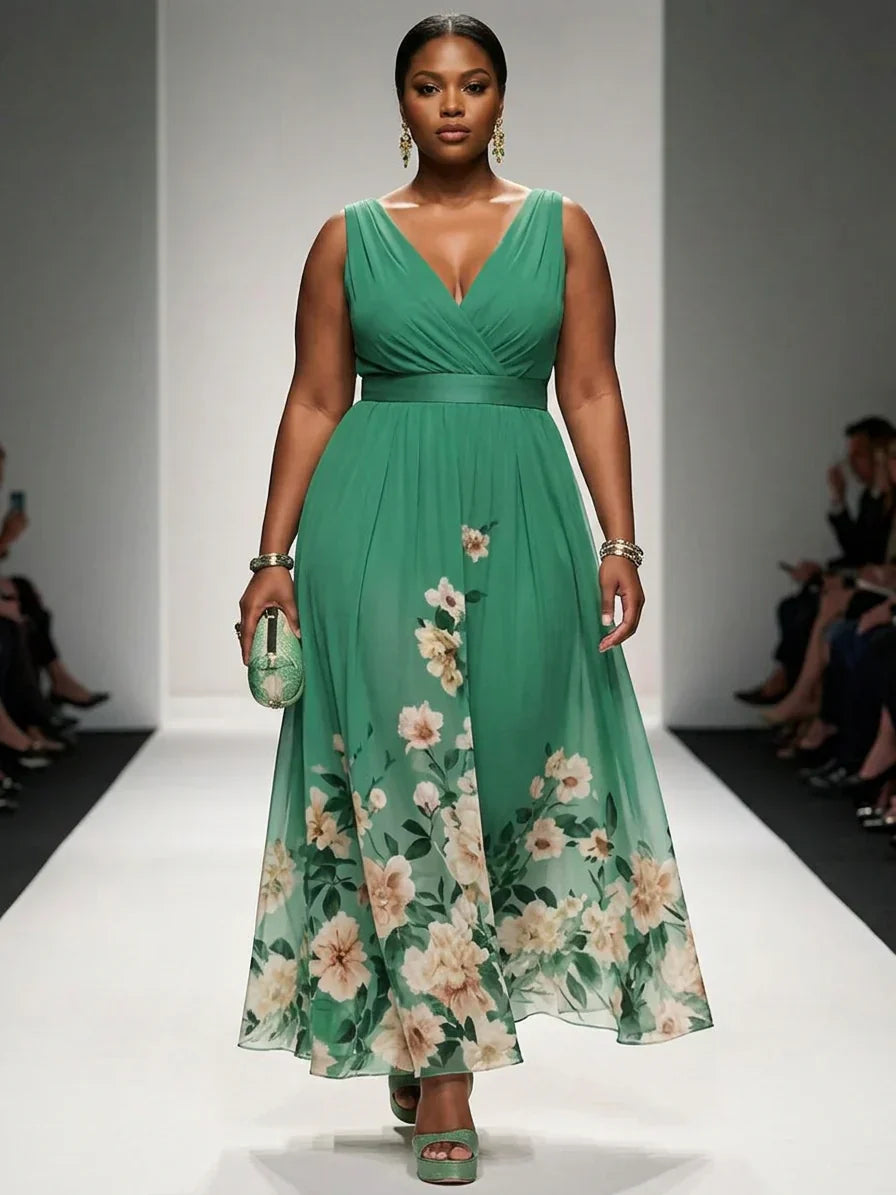 Rose | Light Blue Floral Chiffon V-Neck Maxi Dress