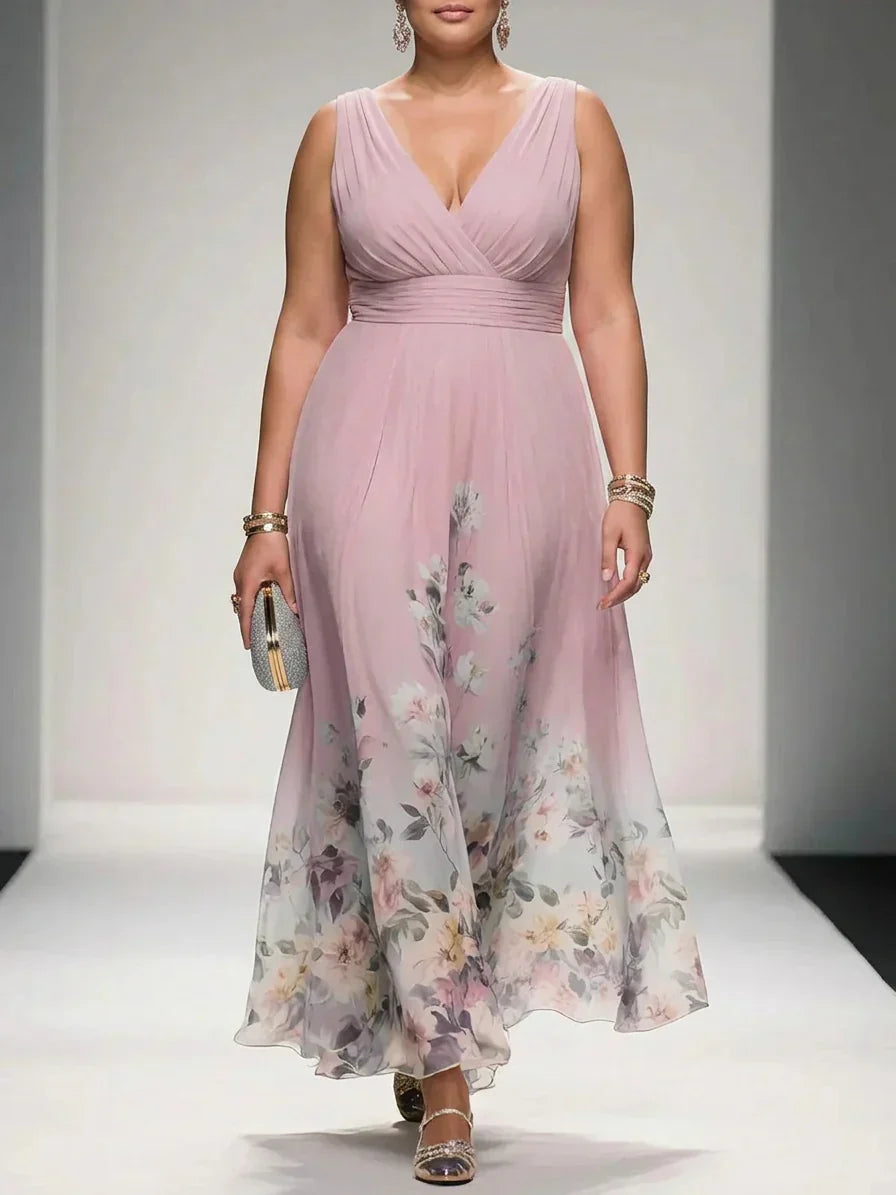 Rose | Light Blue Floral Chiffon V-Neck Maxi Dress