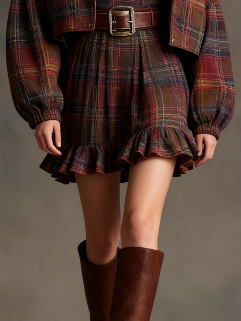 Geraldine Vintage Plaid Ruffle Mini Dress Set